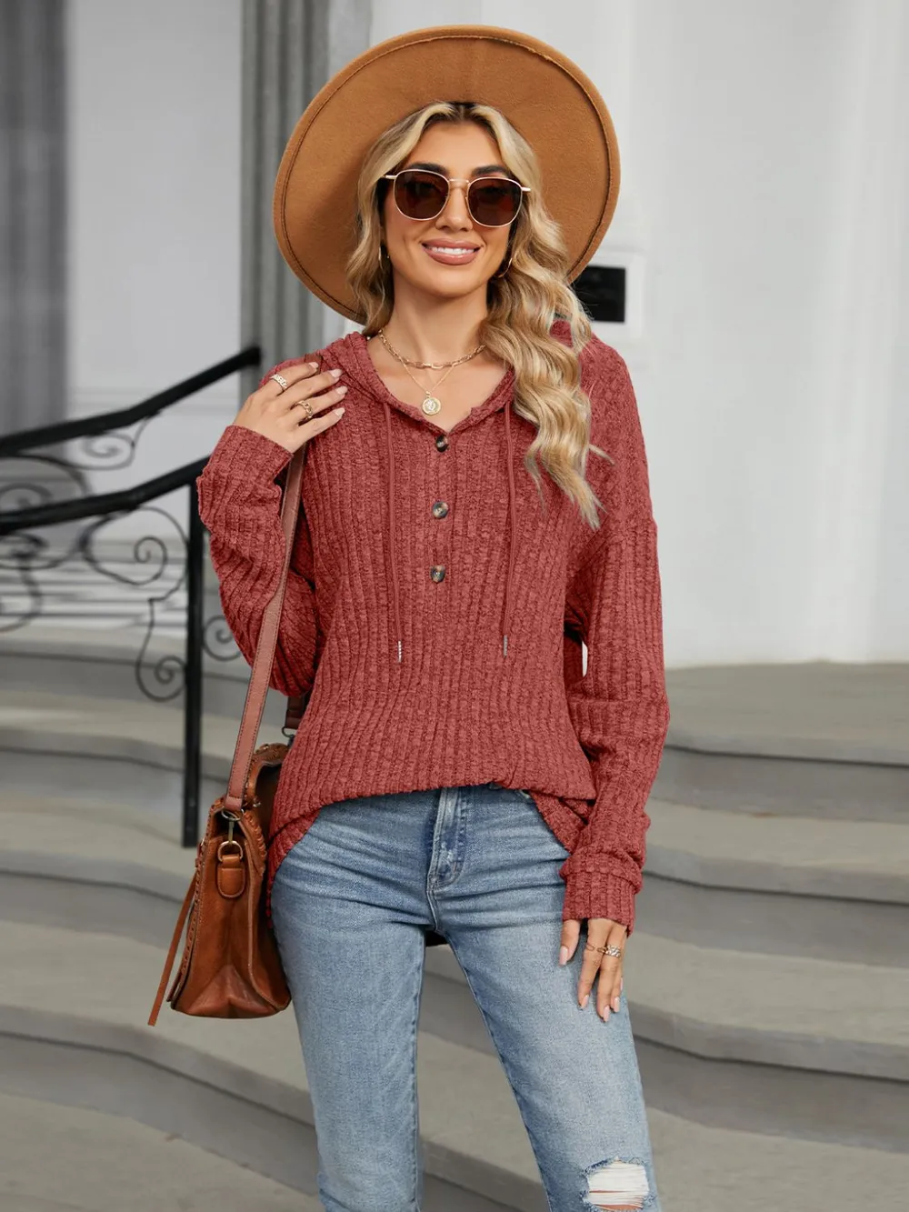 Half Button Long Sleeve Hooded Top, image 12
