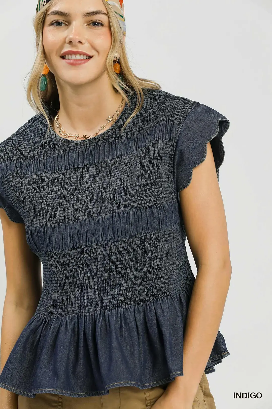 Smocked Peplum Top with Scalloped Ruffle Cap Sleeves, image 4