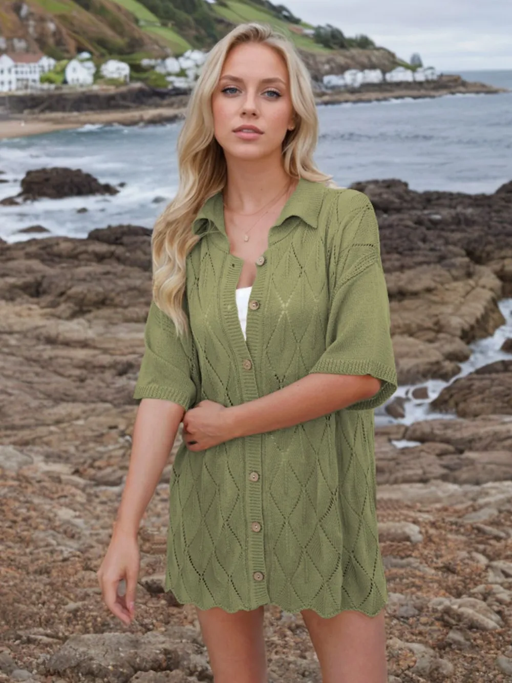 Button Down Eyelet Collared Neck Knit Shirt, image 13