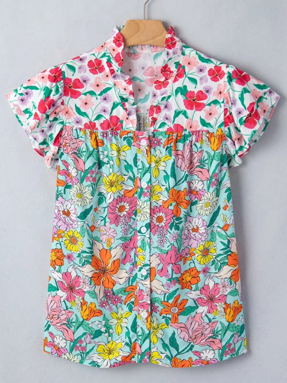 Floral Print Split Neck Button Front Flutter Sleeve Blouse, image 5