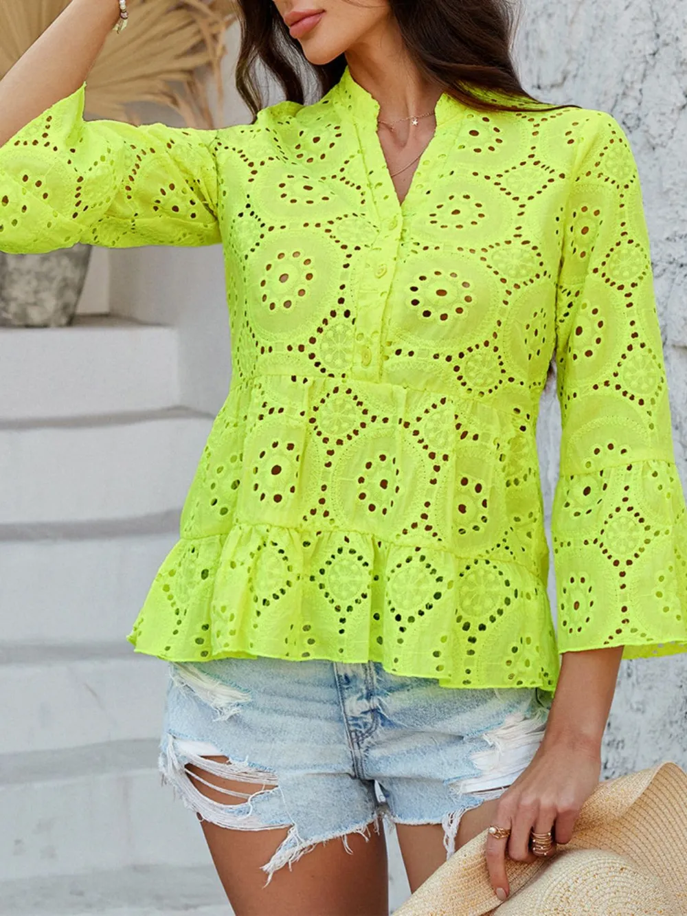 Half Button Flounce Sleeve Peplum Blouse, image 22