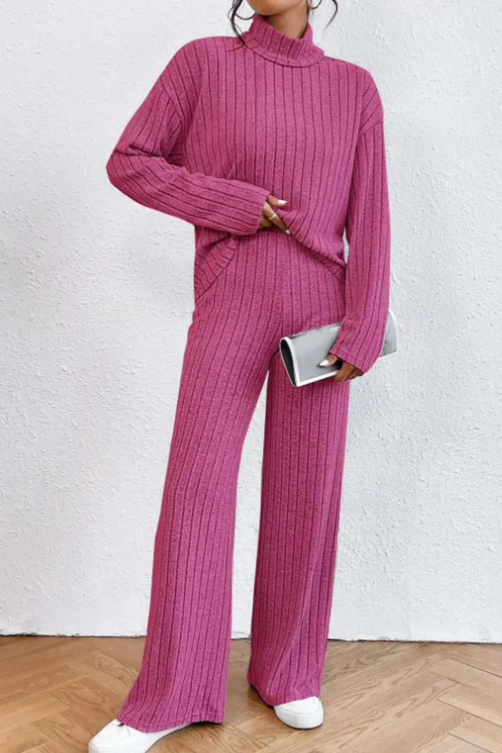 Mock Neck Dropped Shoulder Top and Pants Set, image 10