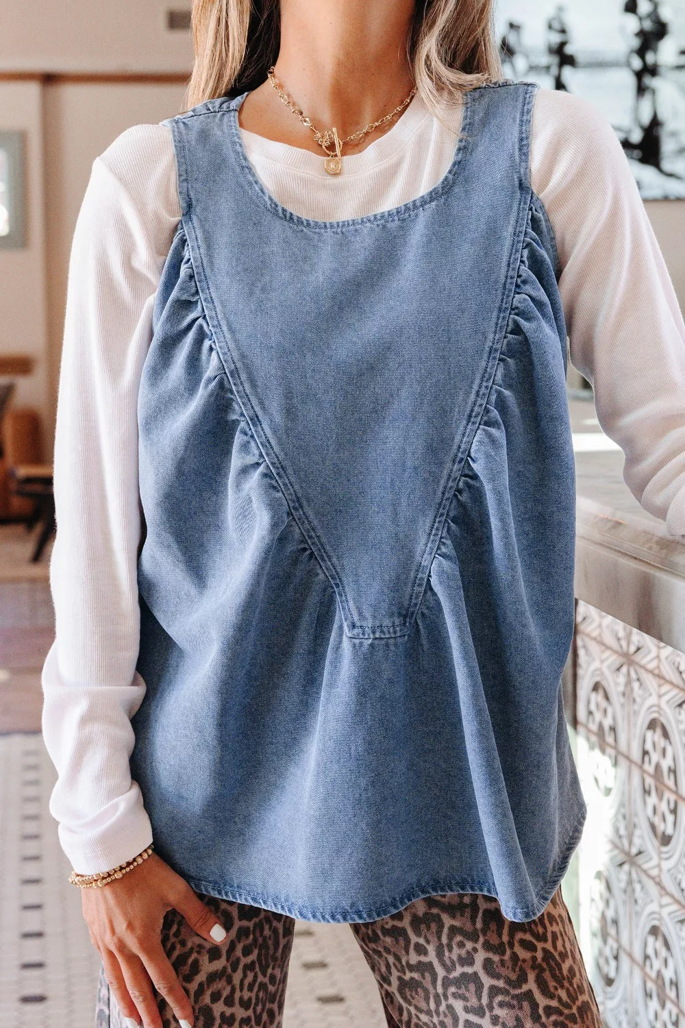 Denim Pleated Patchwork Sleeveless Top, image 3
