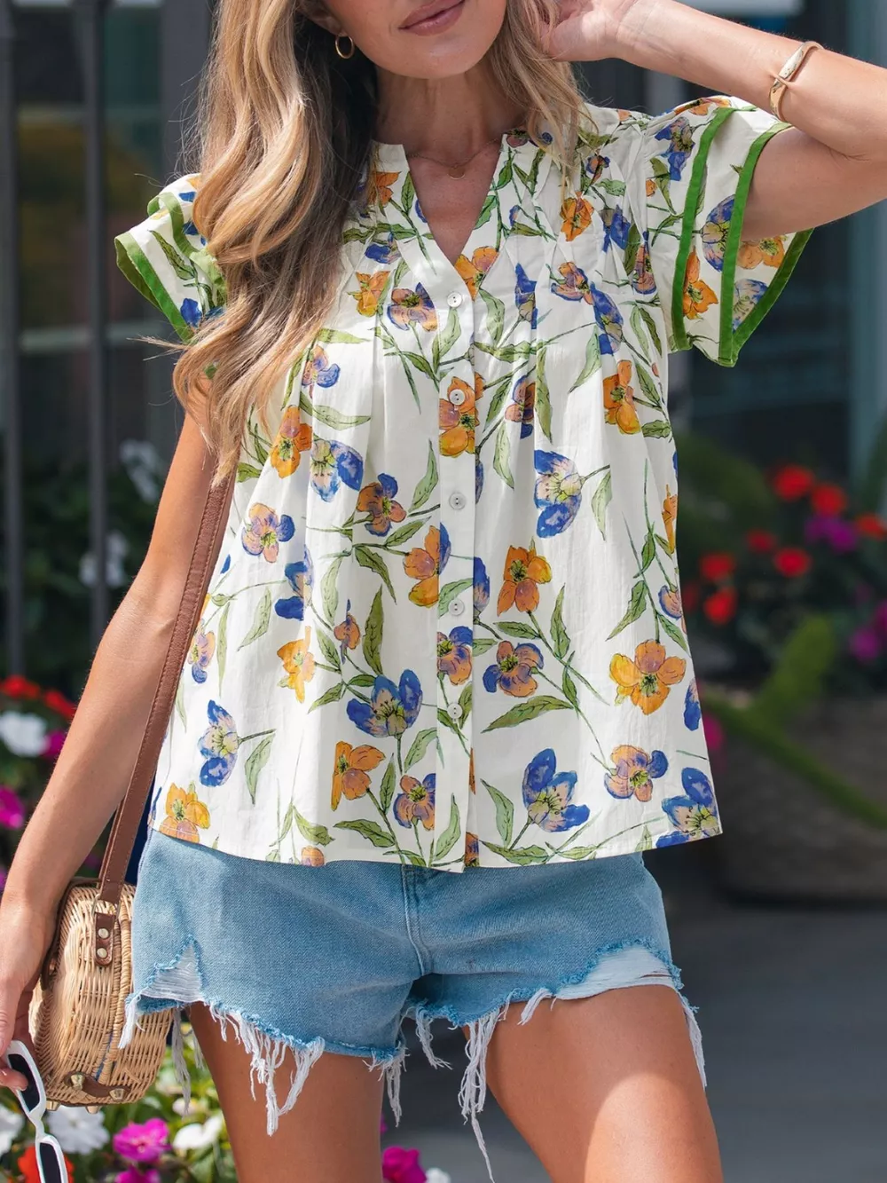 Floral Print Ruffle V-Neck Pressed Pleats Binding Tape Cotton Blouse, image 3