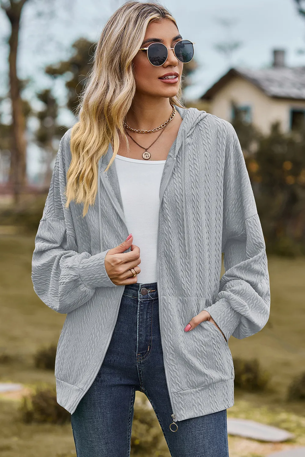 Drawstring Zip Up Dropped Shoulder Hoodie, image 10