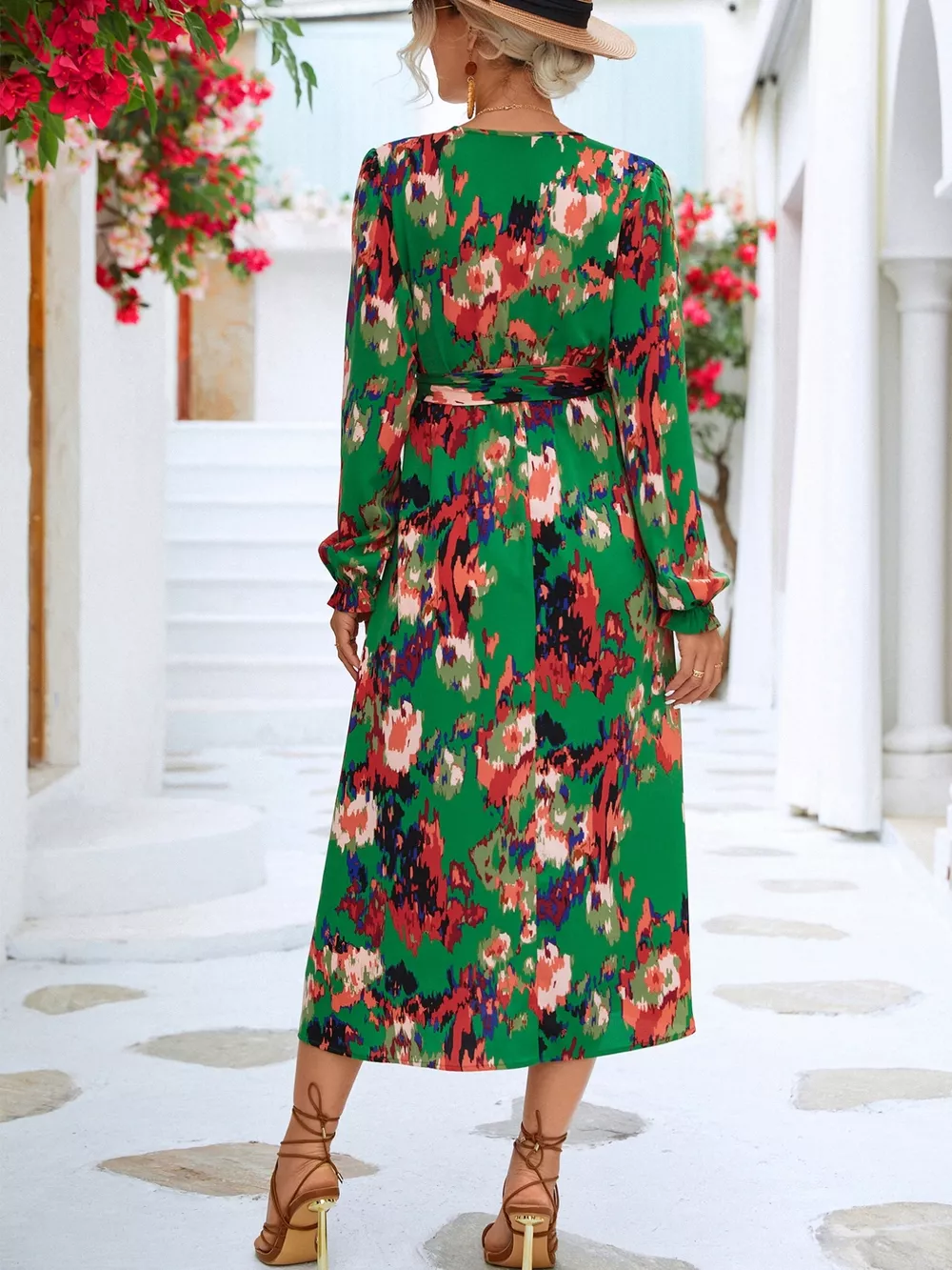 Printed Surplice Long Sleeve Midi Dress, image 4