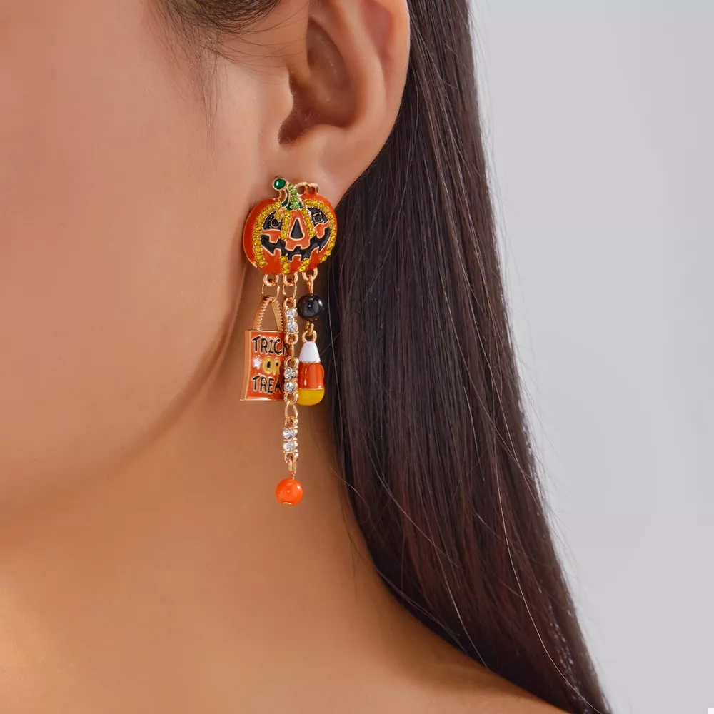 Halloween Rhinestone Pumpkin Drop Earrings, image 2