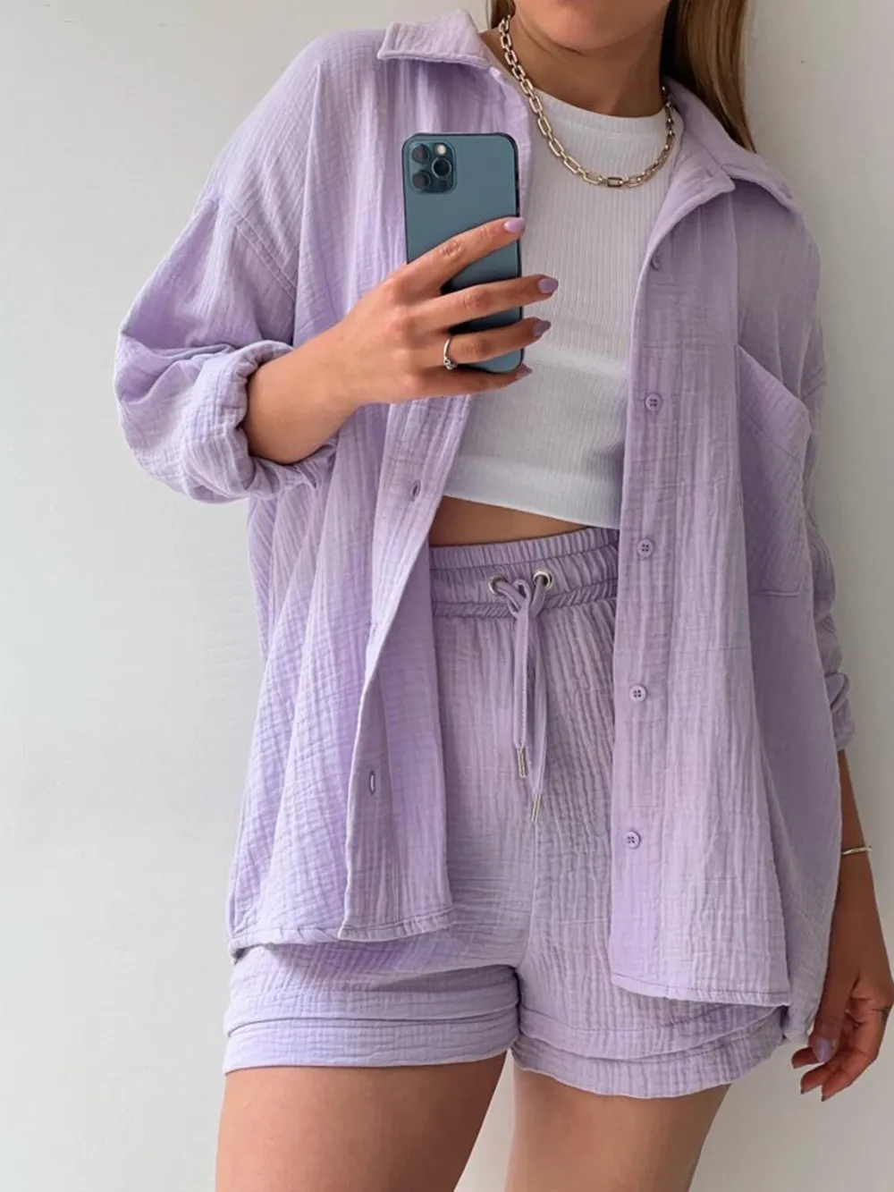 Texture Button Up Shirt and Drawstring Shorts Set, image 12