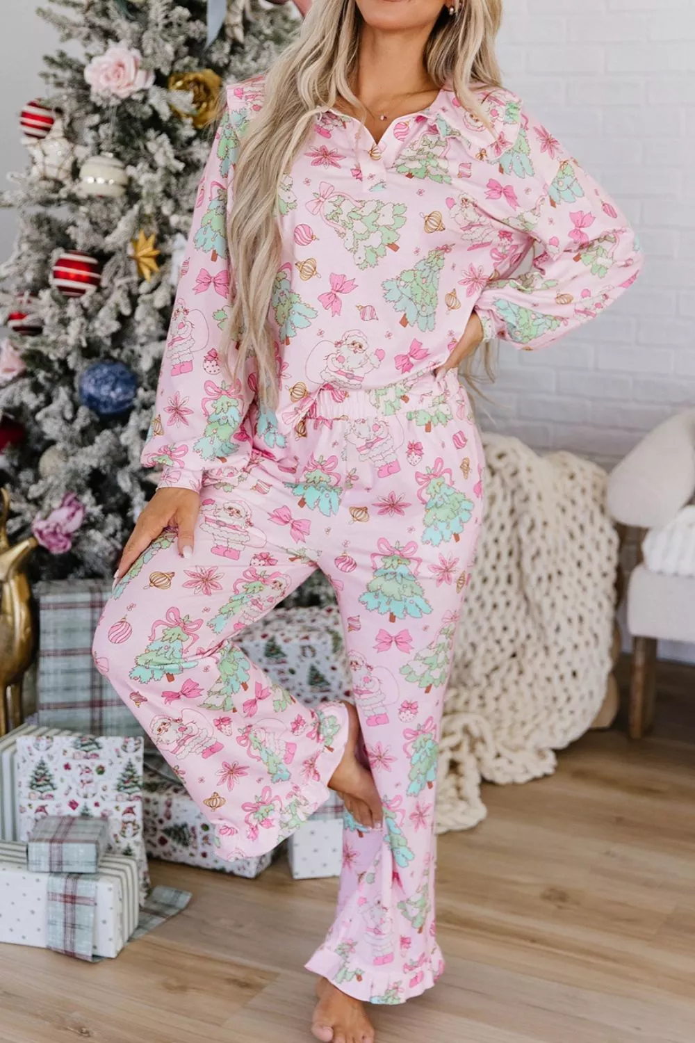 Christmas Print Button Front Long Sleeve Lounge Set, image 5