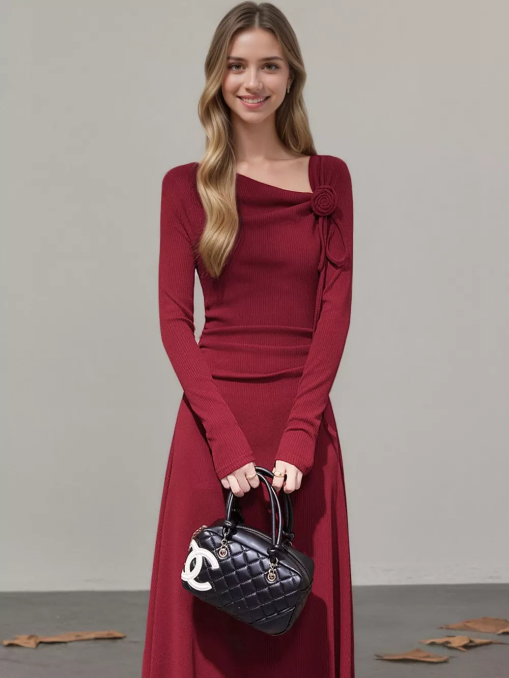 Flower Asymmetrical Neckline Long Sleeve Dress, image 2