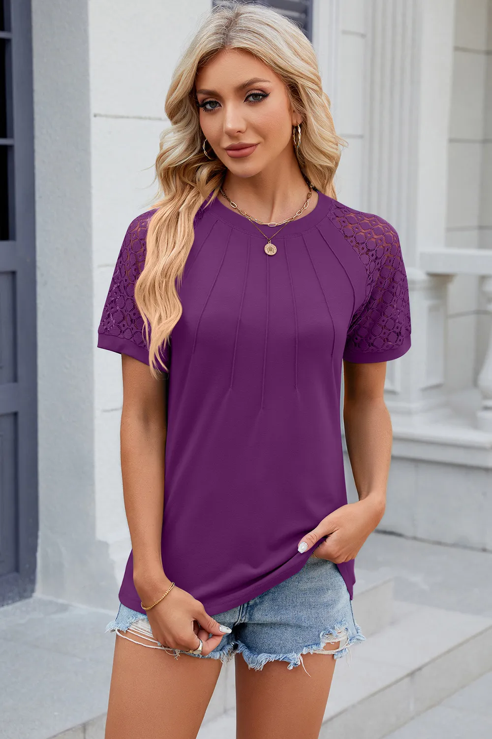 Openwork Round Neck Short Sleeve T-Shirt, image 17
