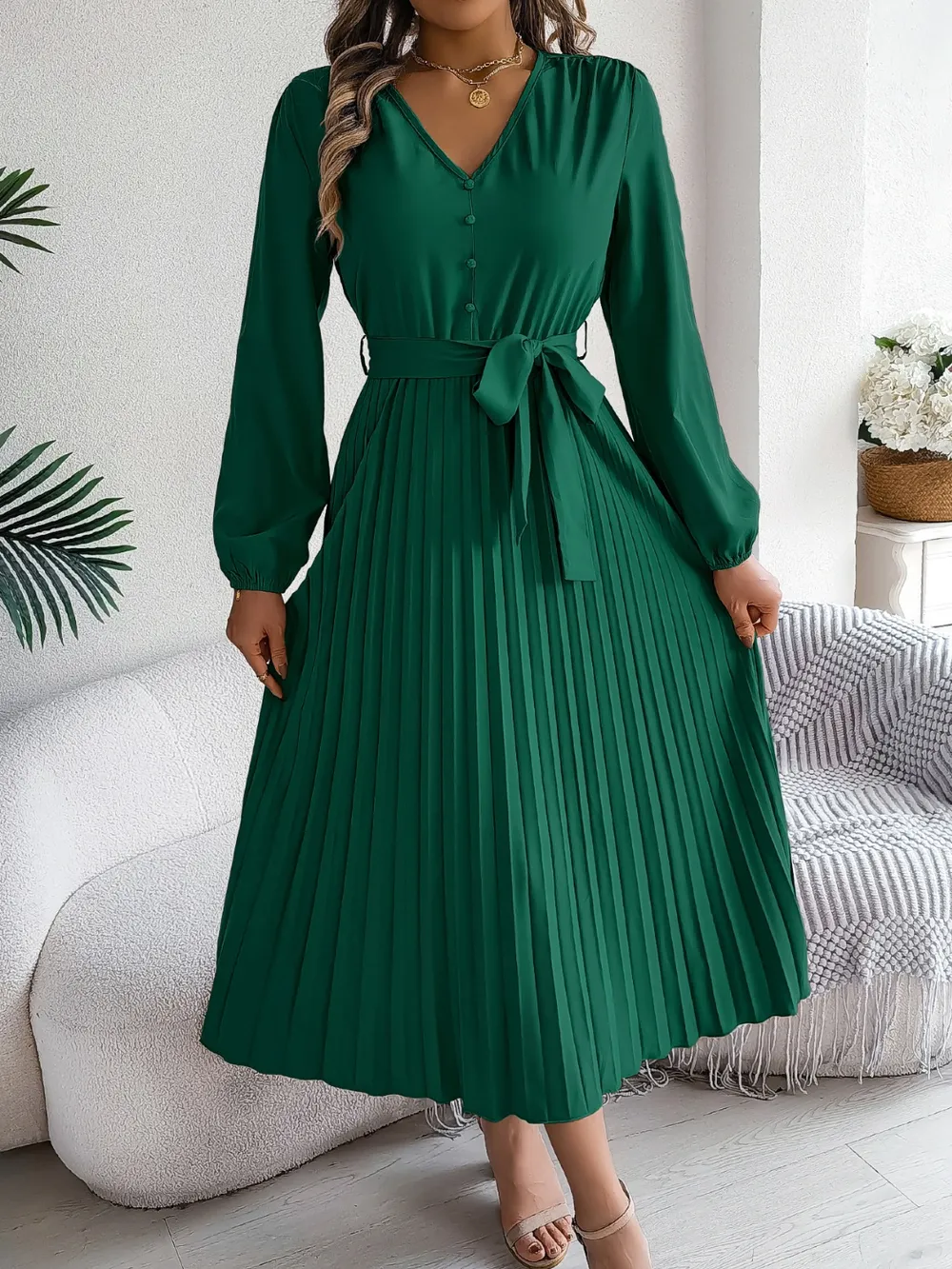 Pleated Tied V-Neck Long Sleeve Dress, image 14