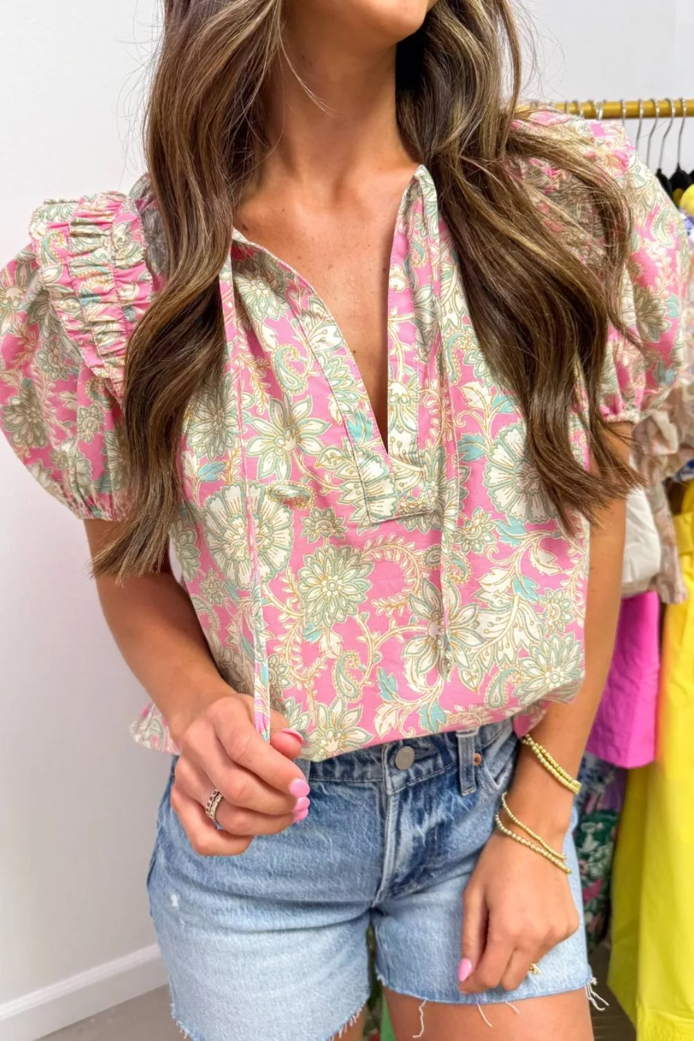 Tie V Neck Floral Short Puff Sleeve Blouse, image 4