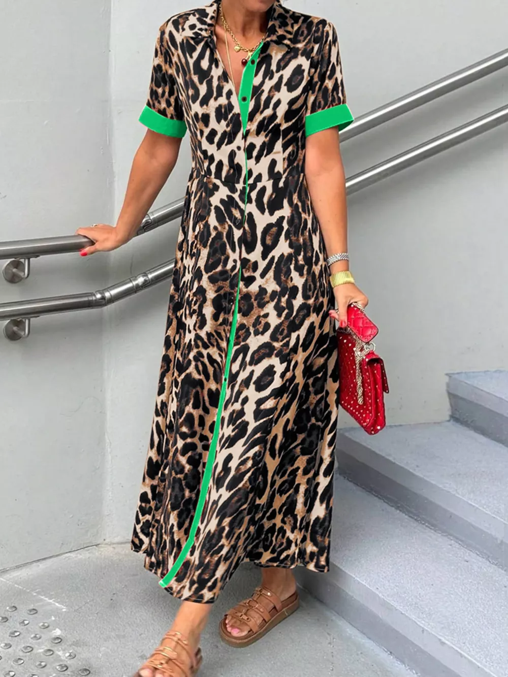 Leopard Print Button-Down Dress with Contrast Trim, image 12