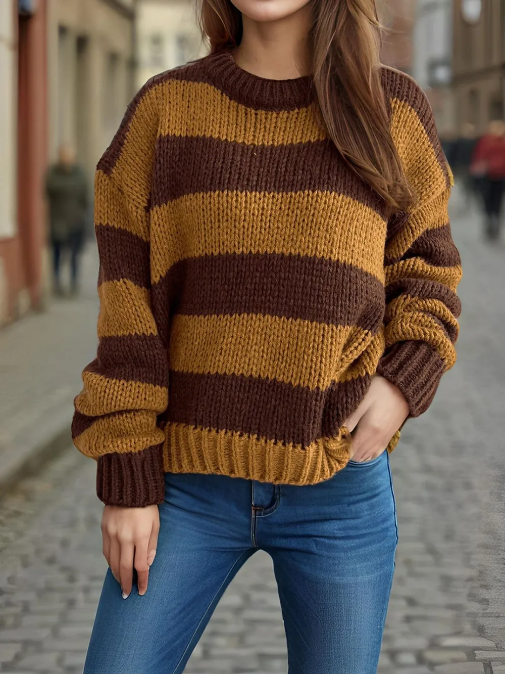 Contrast Striped Round Neck Long Sleeve Sweater, image 9