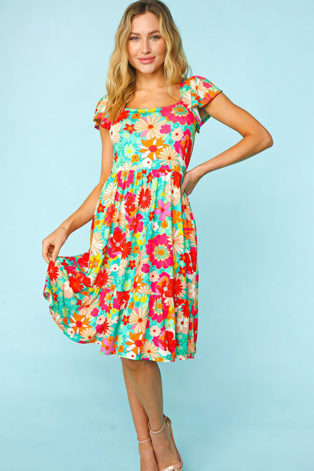 Floral Square Neck Short Sleeve Dress, image 5