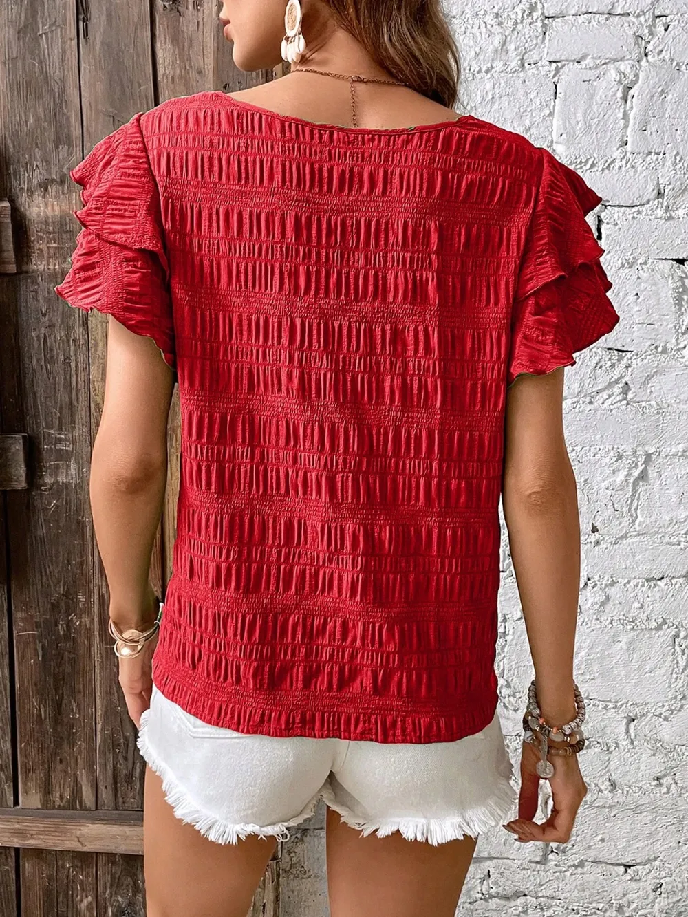 Round Neck Flounce Sleeve Blouse, image 12