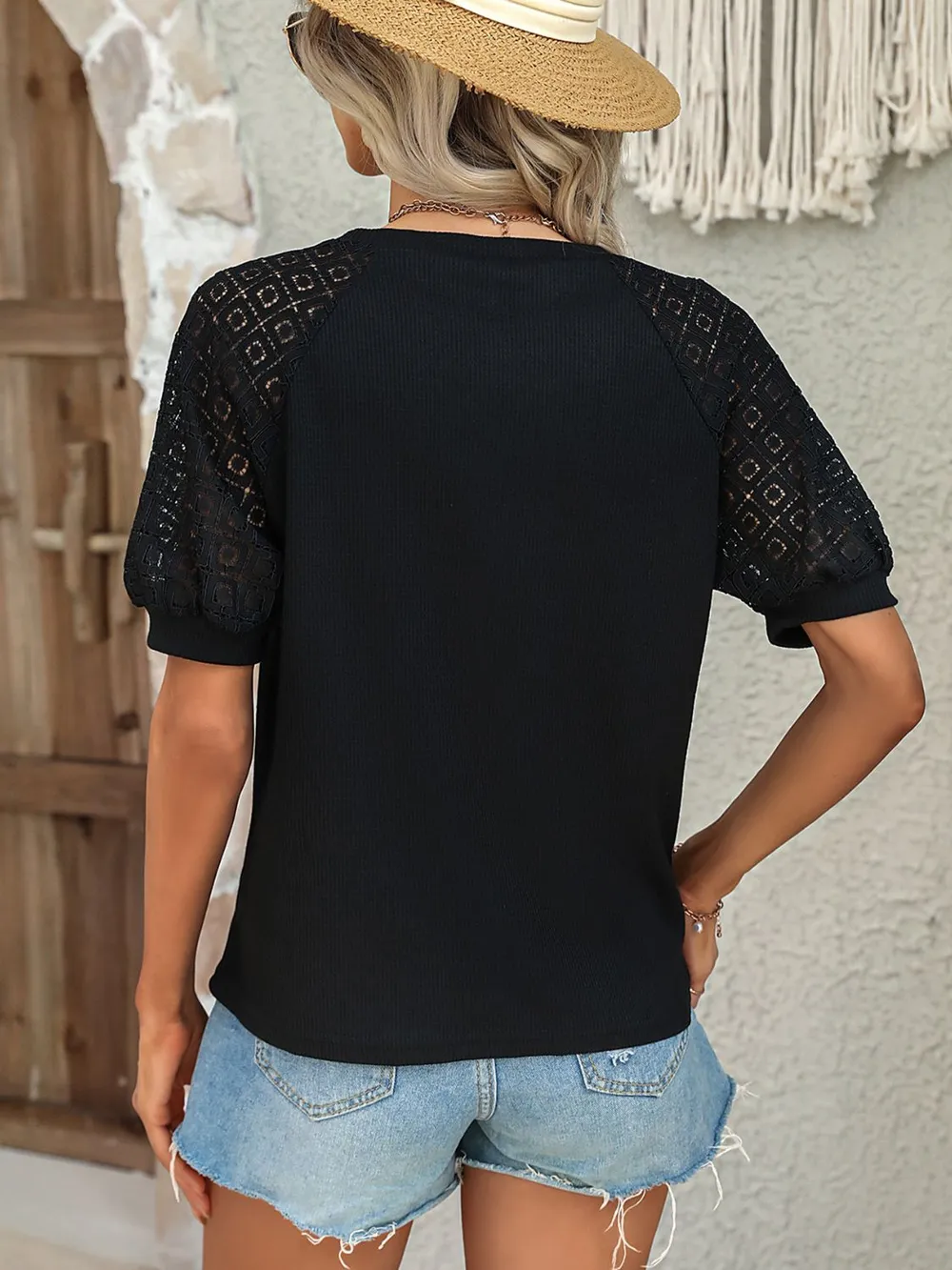 Round Neck Lace Patchwork Half Sleeve T-Shirt, image 2