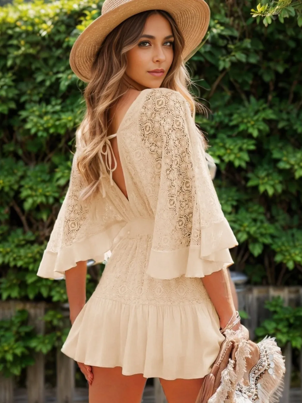 Ruffle Hem Tie Back Lace Mini Dress, image 7