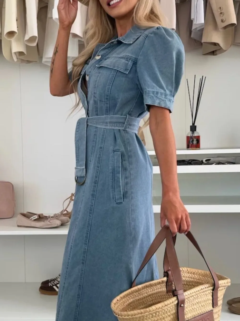 Puff Sleeve Button Down Belted Denim Midi Dress, image 4