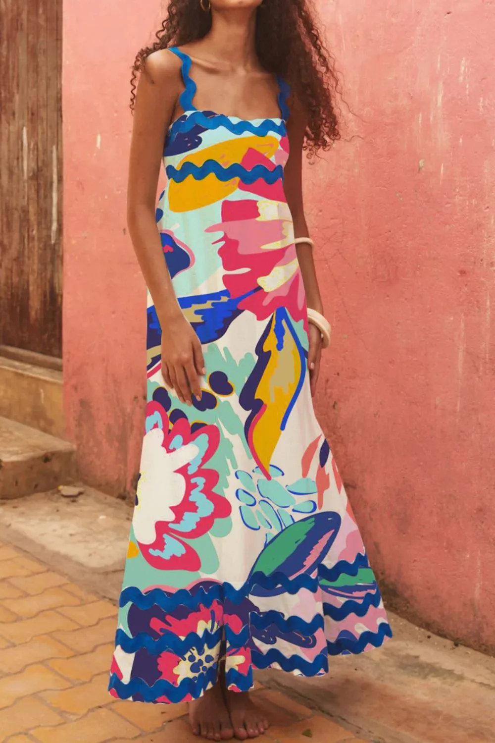 Printed Square Neck Wide Strap Dress, image 5
