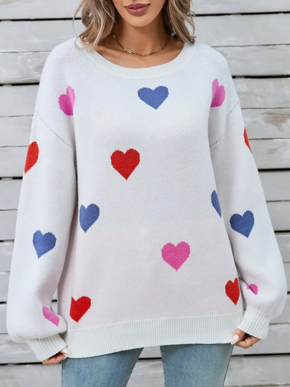 Heart Round Neck Long Sleeve Sweater, image 7
