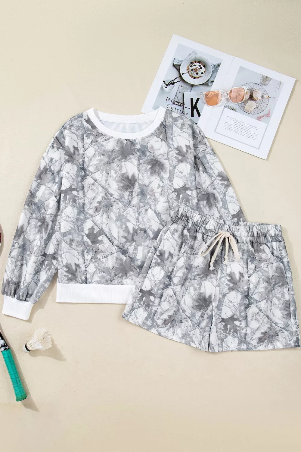 Abstract Woodland Camo Print Baggy Pullover Drawstring Shorts Set, image 8