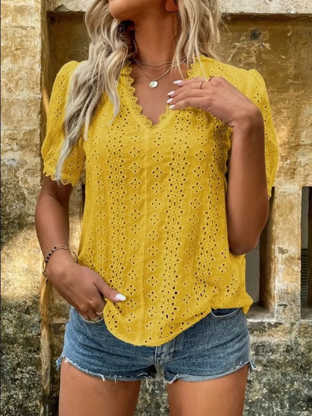 Full Size Lace Detail Eyelet V-Neck Short Sleeve Blouse Plus Size, image 10