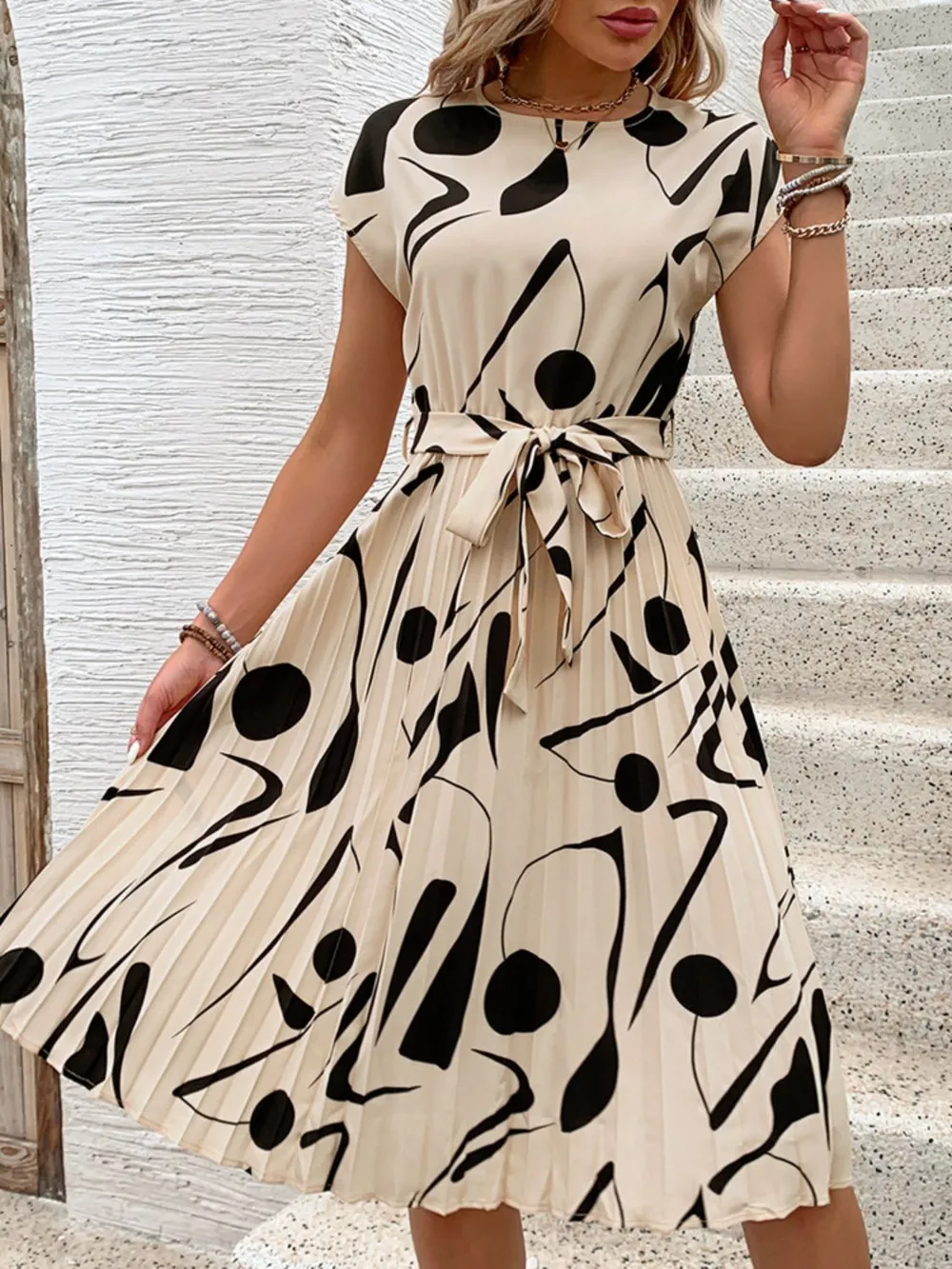 Tied Pleated Printed Cap Sleeve Dress, image 15