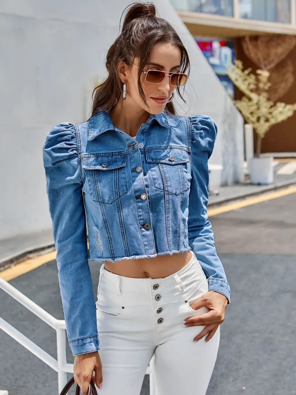 Button Down Raw Hem Cropped Denim Jacket, image 7