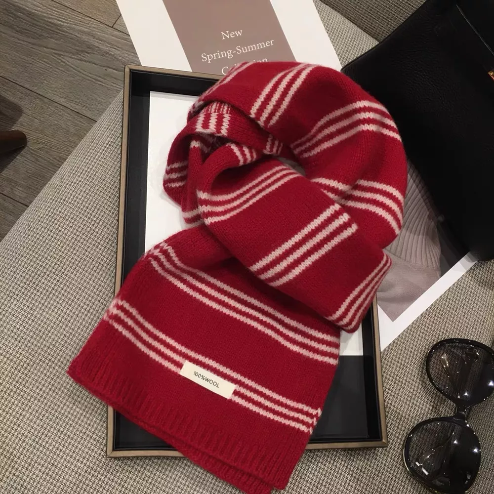 Wool Striped Contrast Knit Warm Scarf, image 3