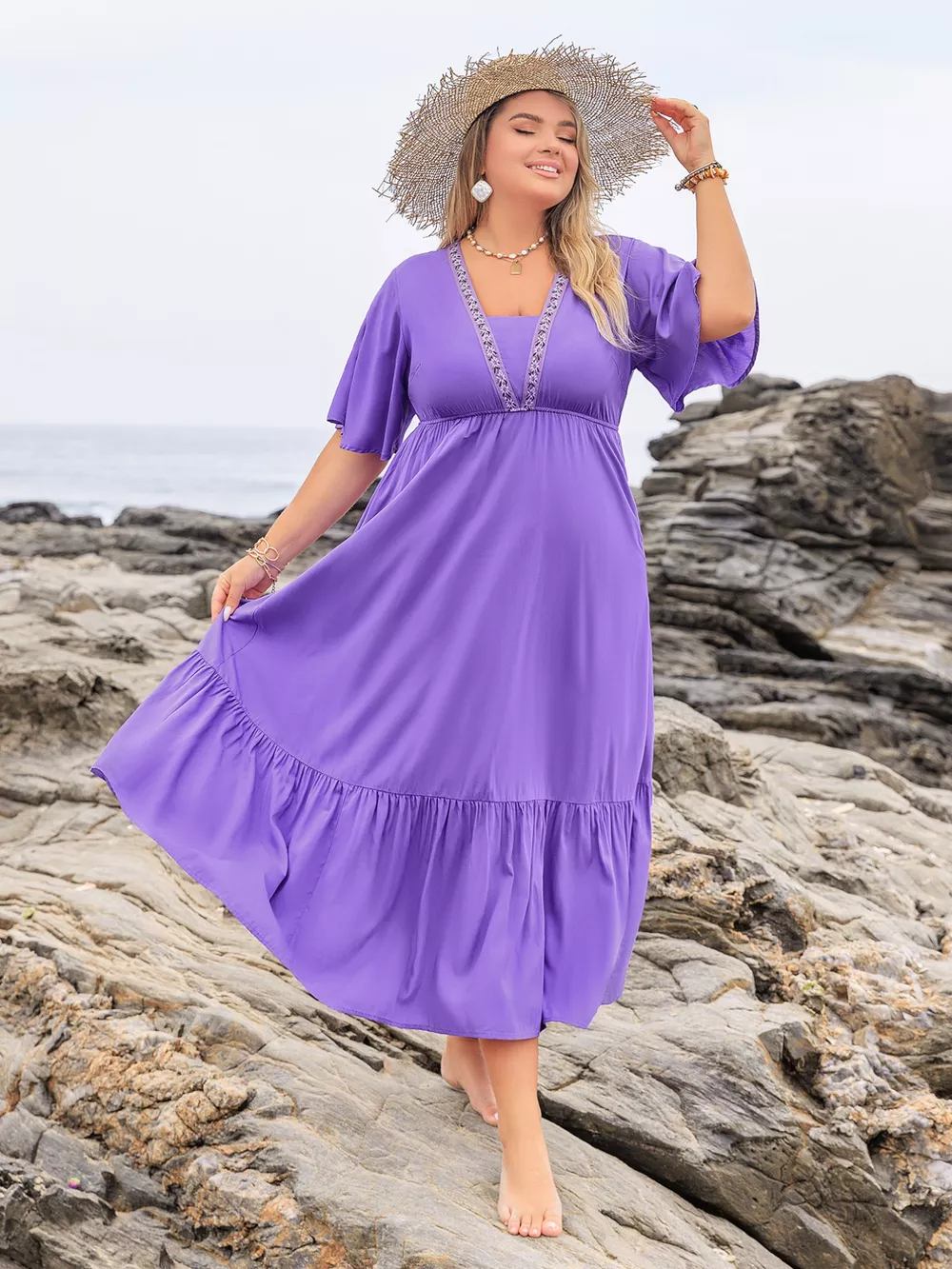 Plus Size Flutter Sleeve Tiered Maxi Dress, image 2