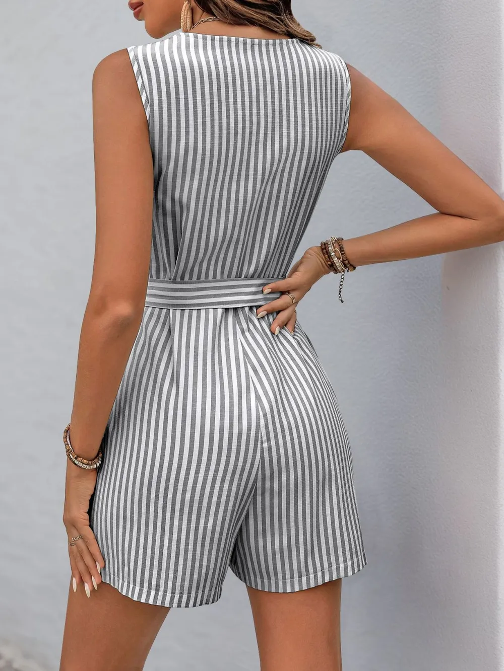 Striped V-Neck Tie Waist Romper, image 10