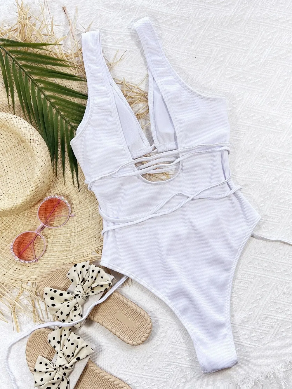 Ribbed Lace Up One-Piece Swimsuit, image 4