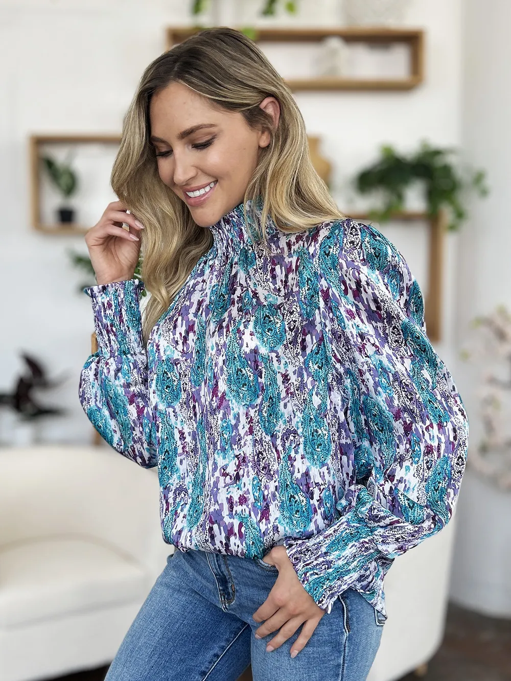 Full Size Printed Smocked Long Sleeve Blouse, image 14