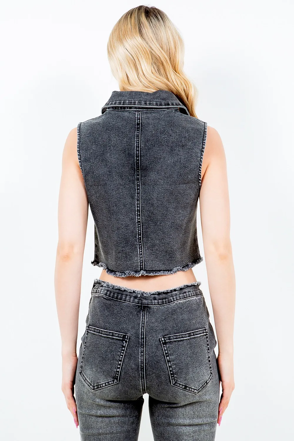 Zip Up Washed Crop Denim Vest, image 3