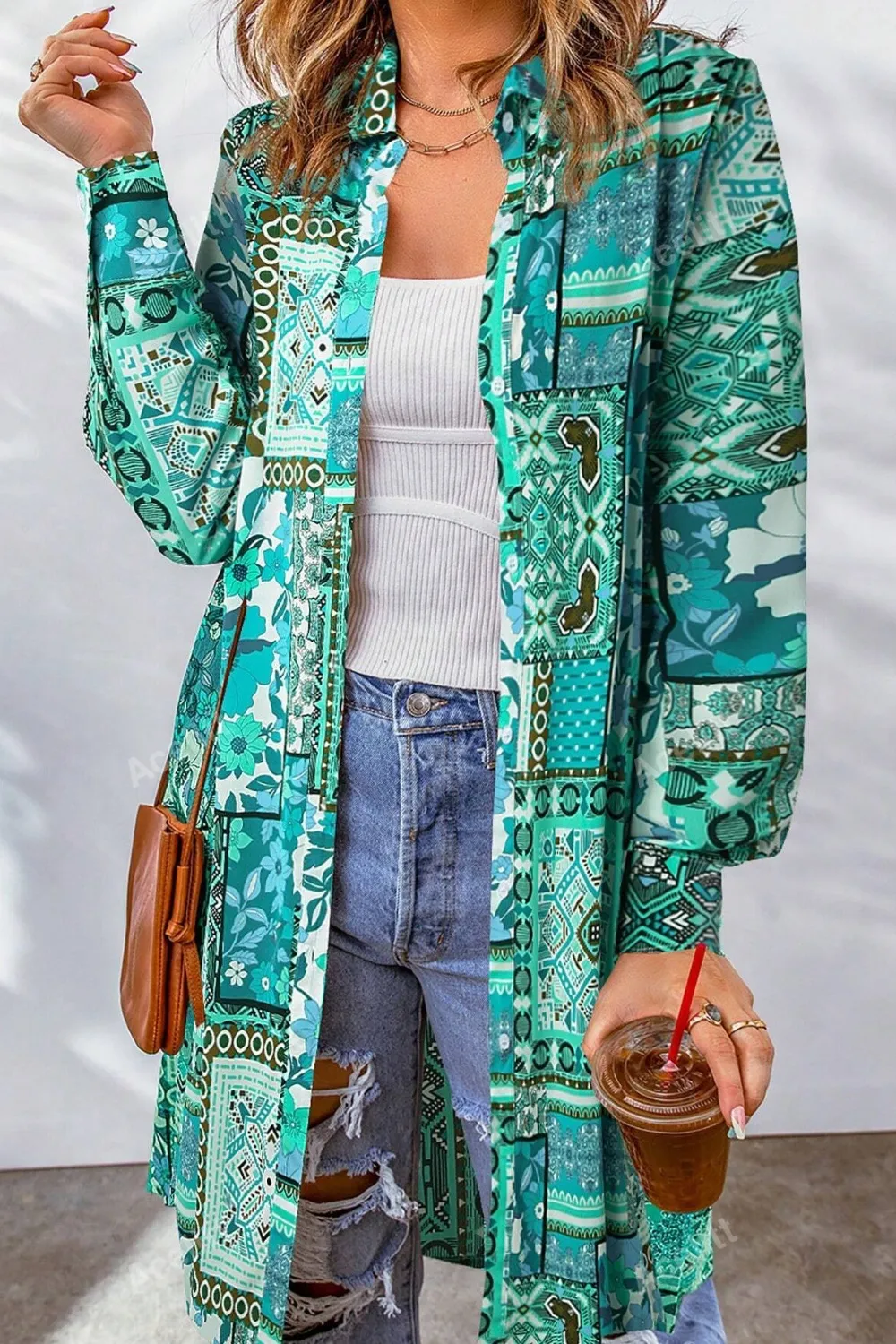 Printed Button Up Long Sleeve Cardigan, image 5