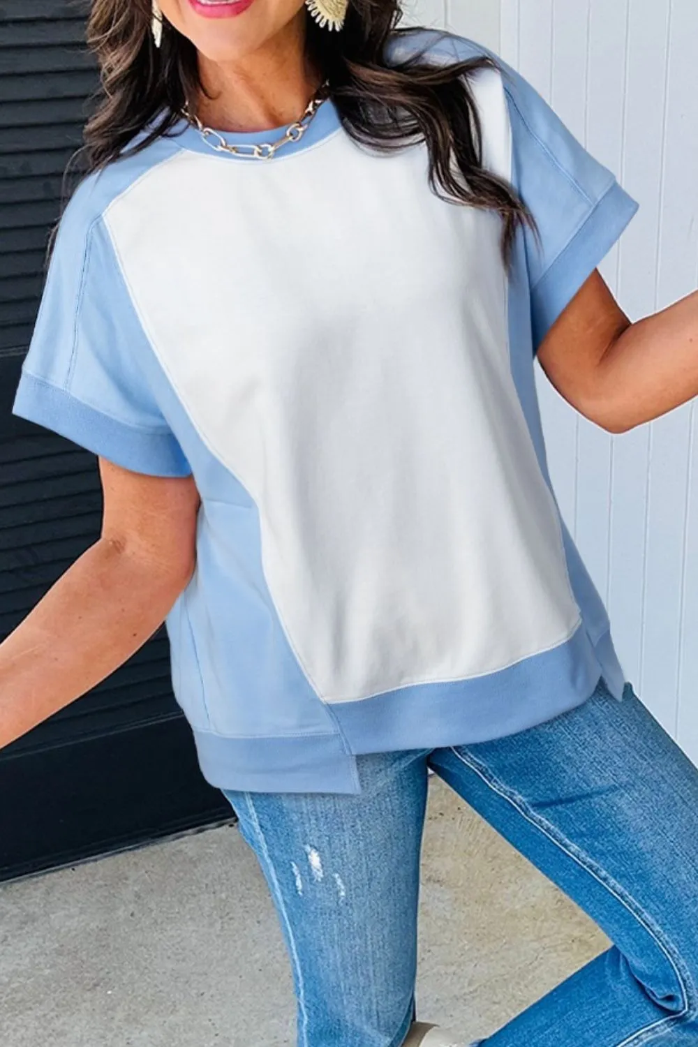 Color Block Exposed Seam Crew Neck T Shirt, image 4