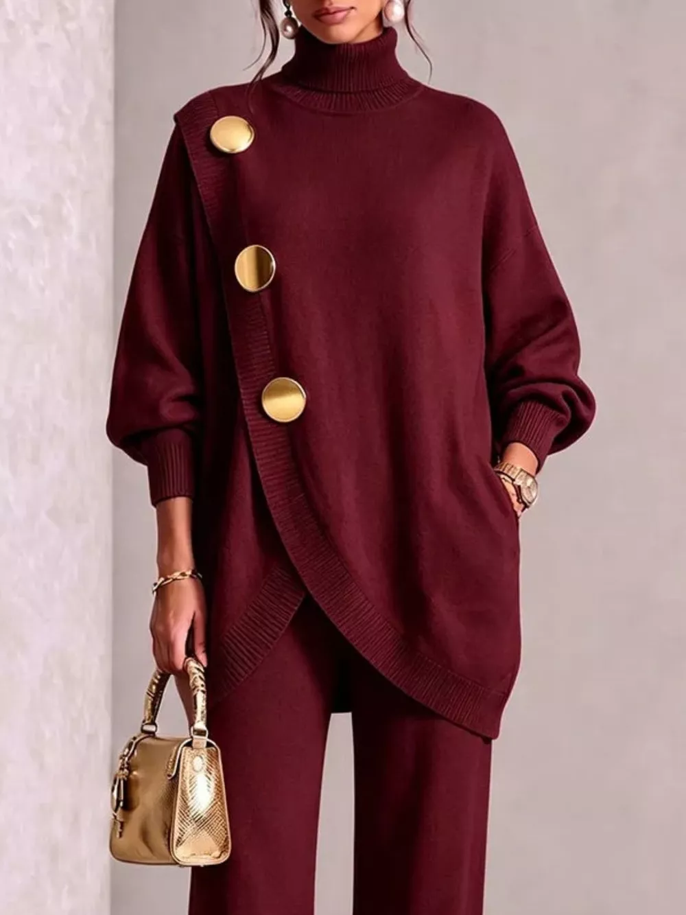 Gold Button Accent Turtleneck Sweater and Pants Set, image 2