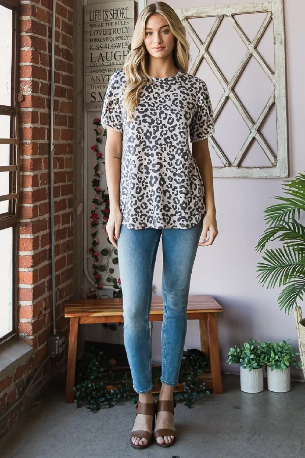 Leopard Round Neck Petal Sleeve T-Shirt, image 5