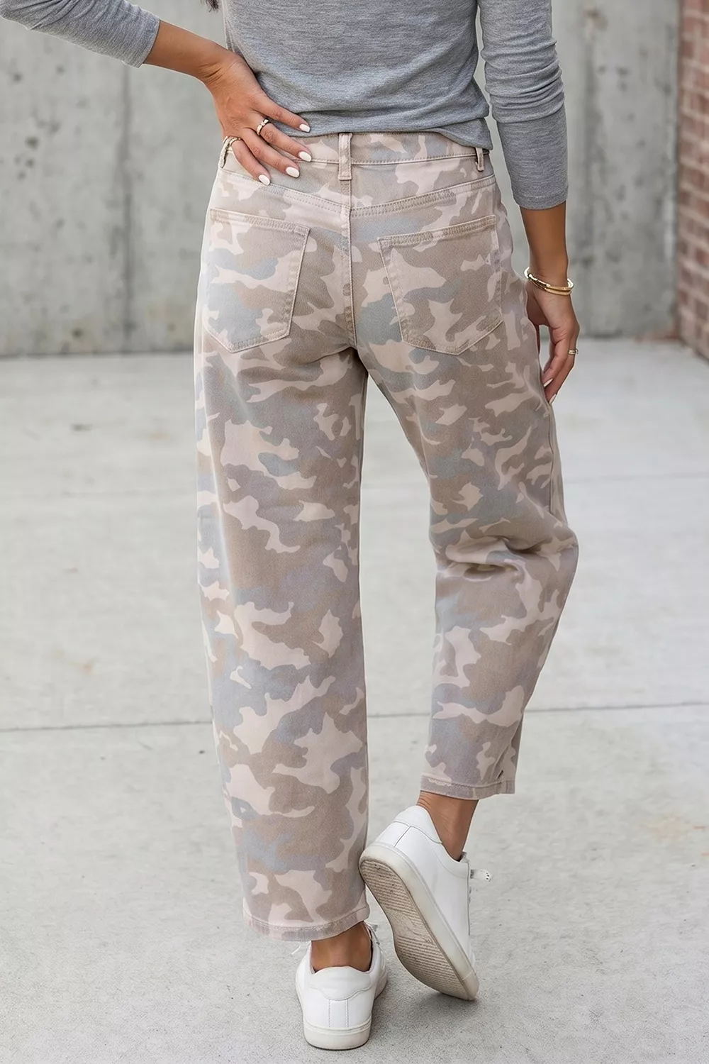 Camouflage Print Pocket Ankle-Length Barrel Jeans, image 4
