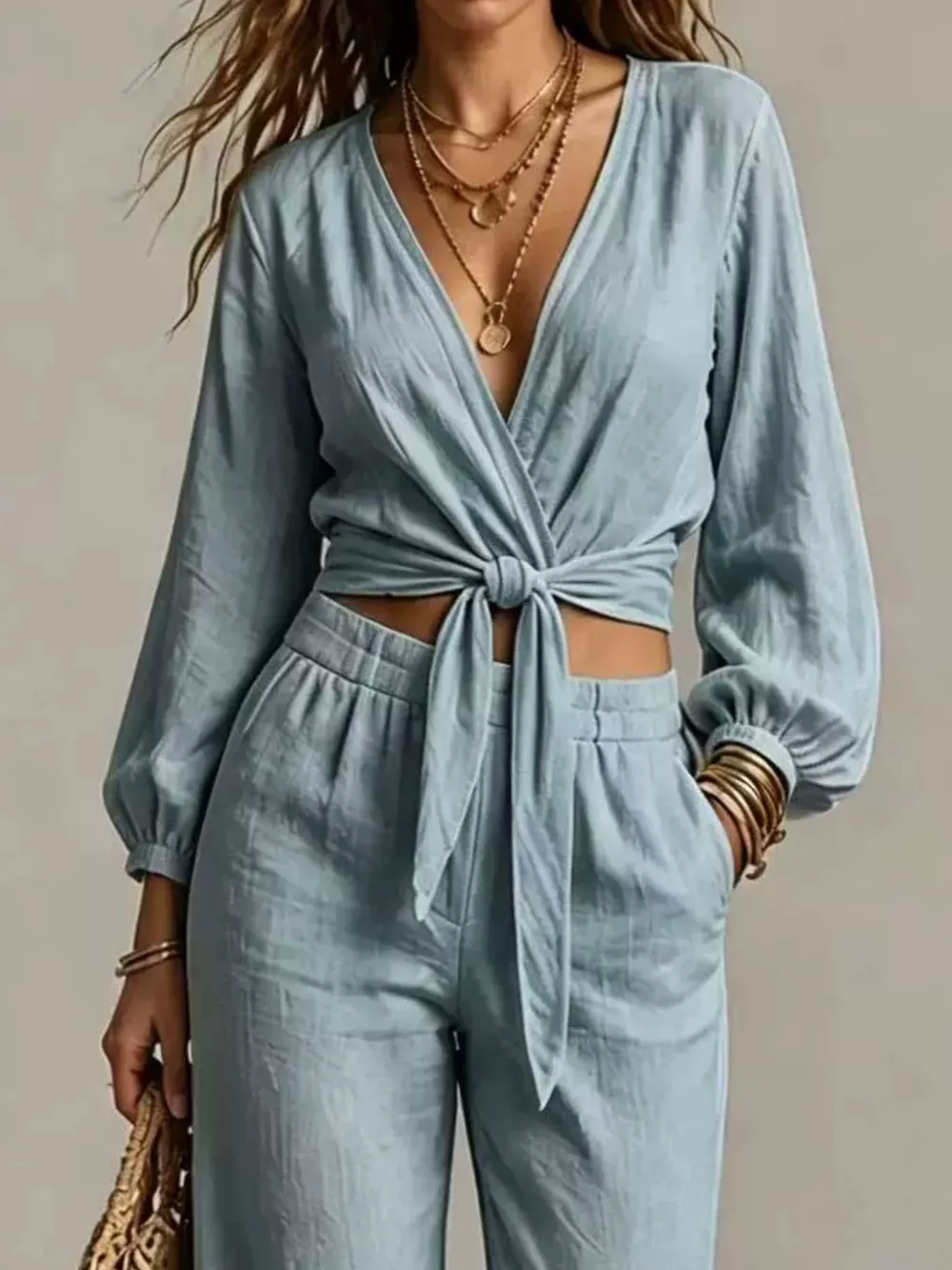 Tie-Front Crop Top and Wide-Leg Pant Set, image 10