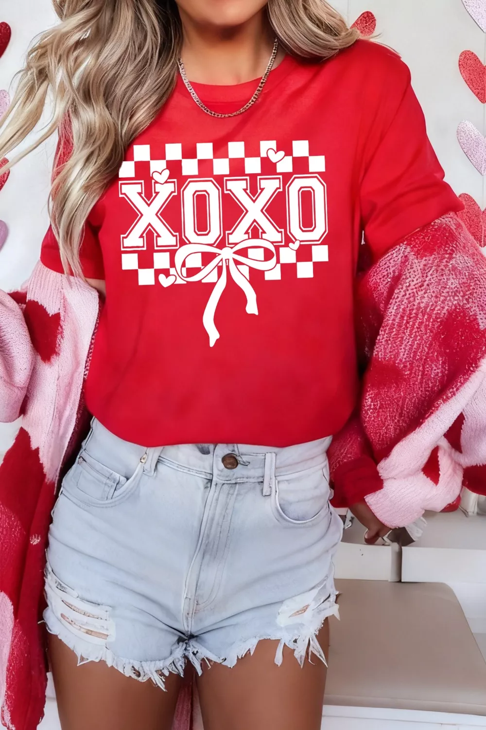 XOXO Checkered Ribbon Bow Print Valentines Day T Shirt, image 3