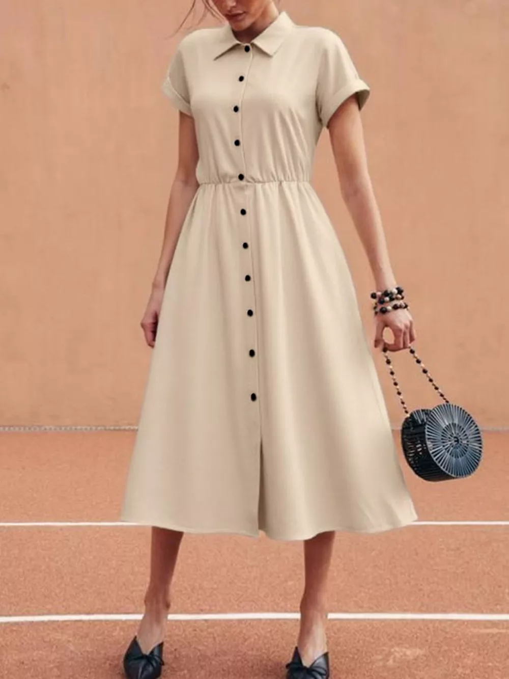 Button-Down Short Sleeve Midi Shirt Dress