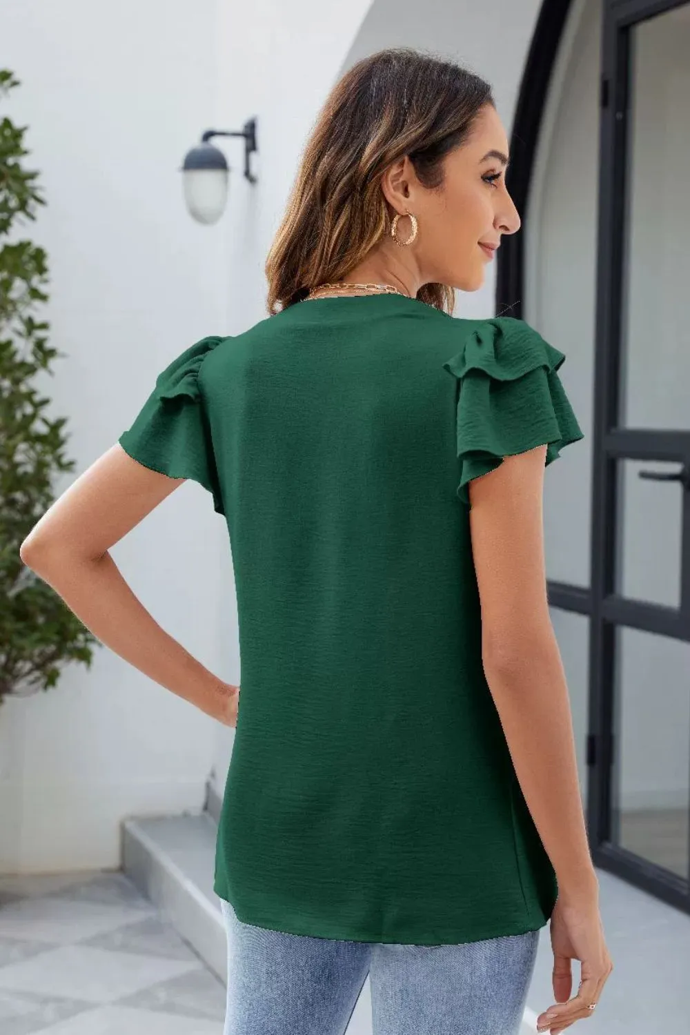 Ruffled Notched Short Sleeve Blouse, image 5