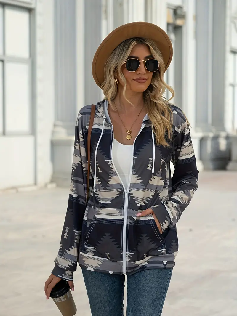 Geometric Zip Up Long Sleeve Hooded Jacket, image 10