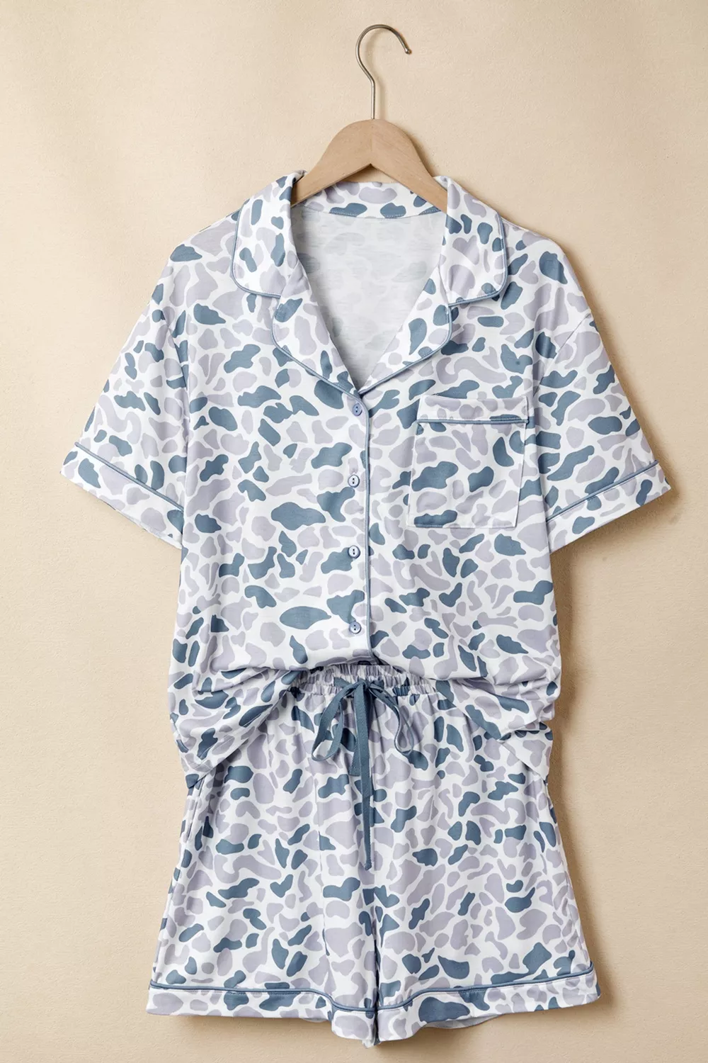 Camouflage Print Lapel Shirt Drawstring 2pcs Short Pajama Set, image 3