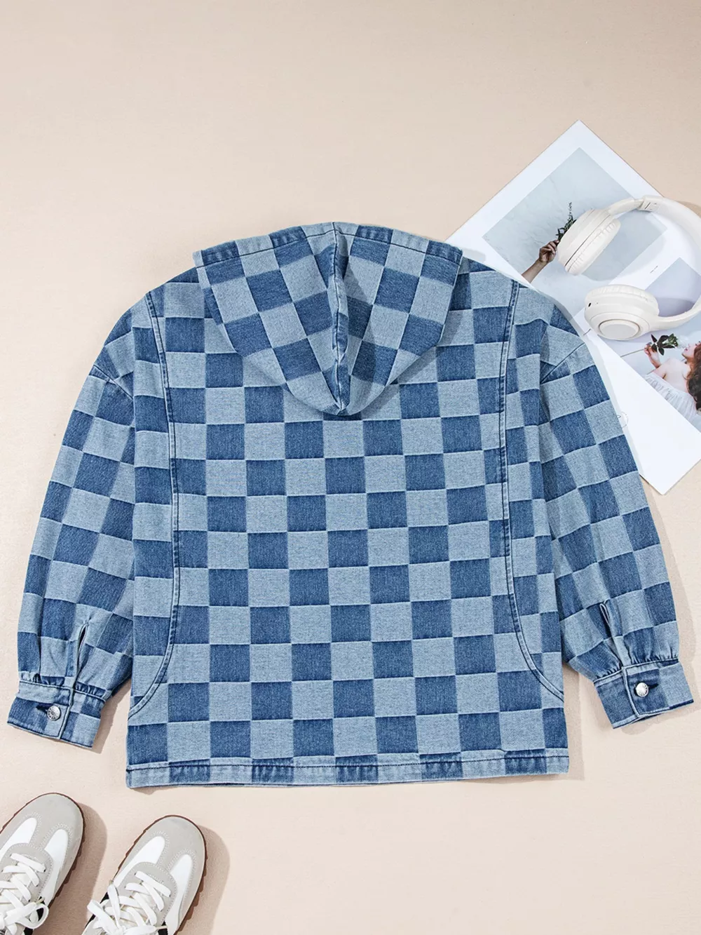 Checkered Half Zip Denim Hoodie Top, image 4