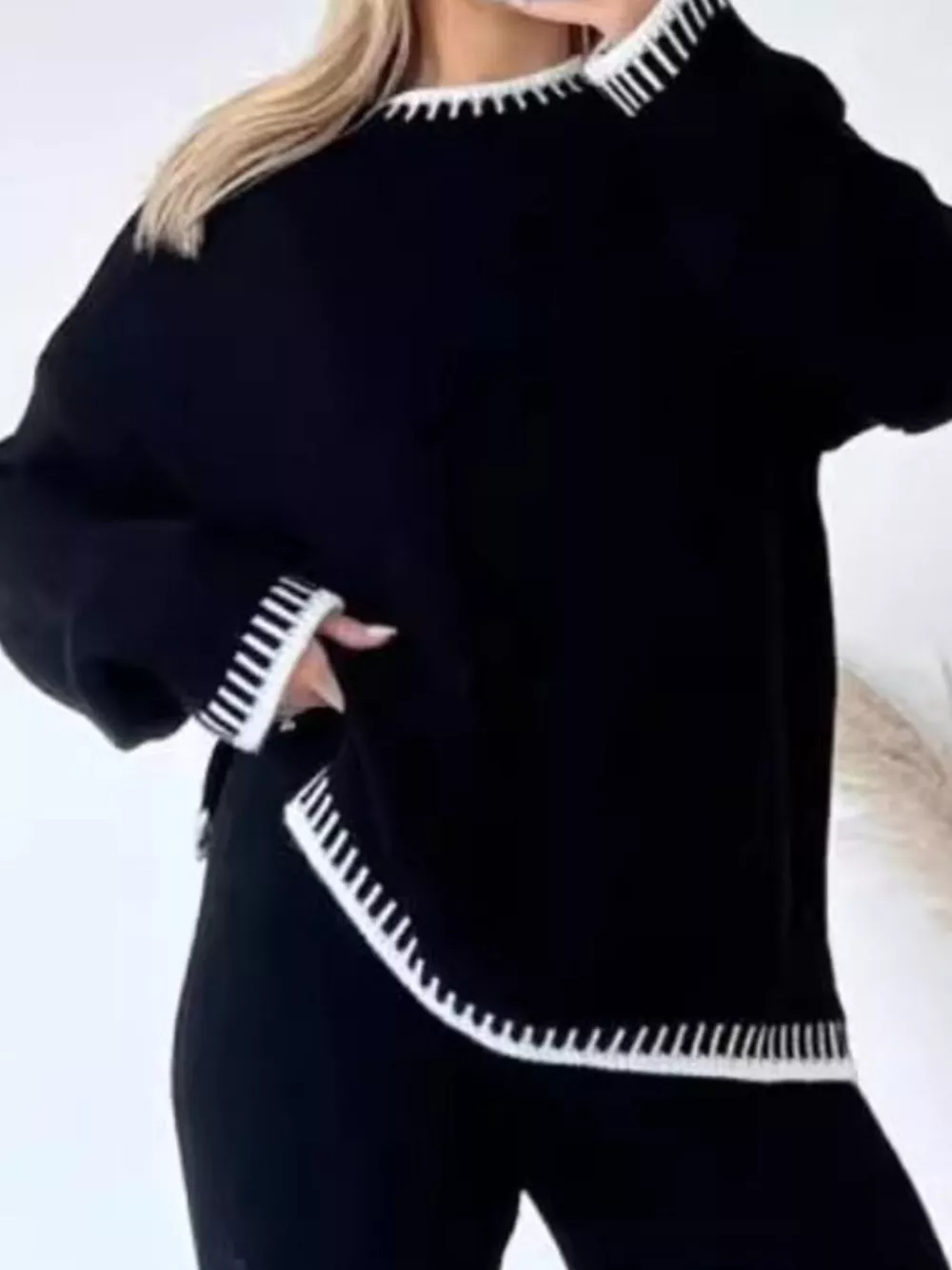 Contrast Trim Round Neck Top and Pants Sweater Set, image 21