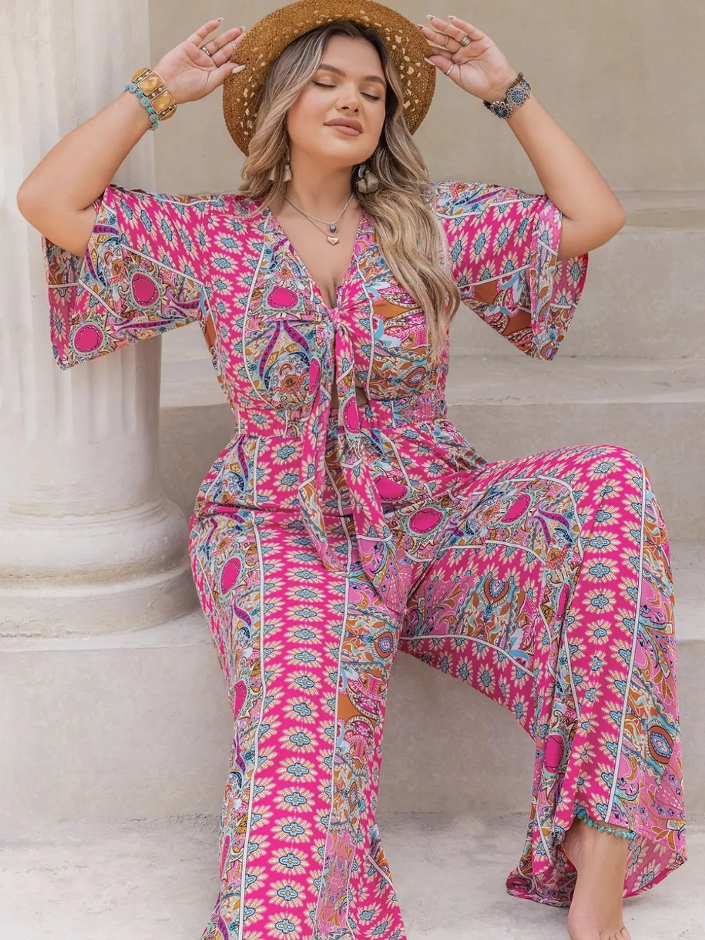Plus Size Printed Half Sleeve Wide Leg Jumpsuit, image 4